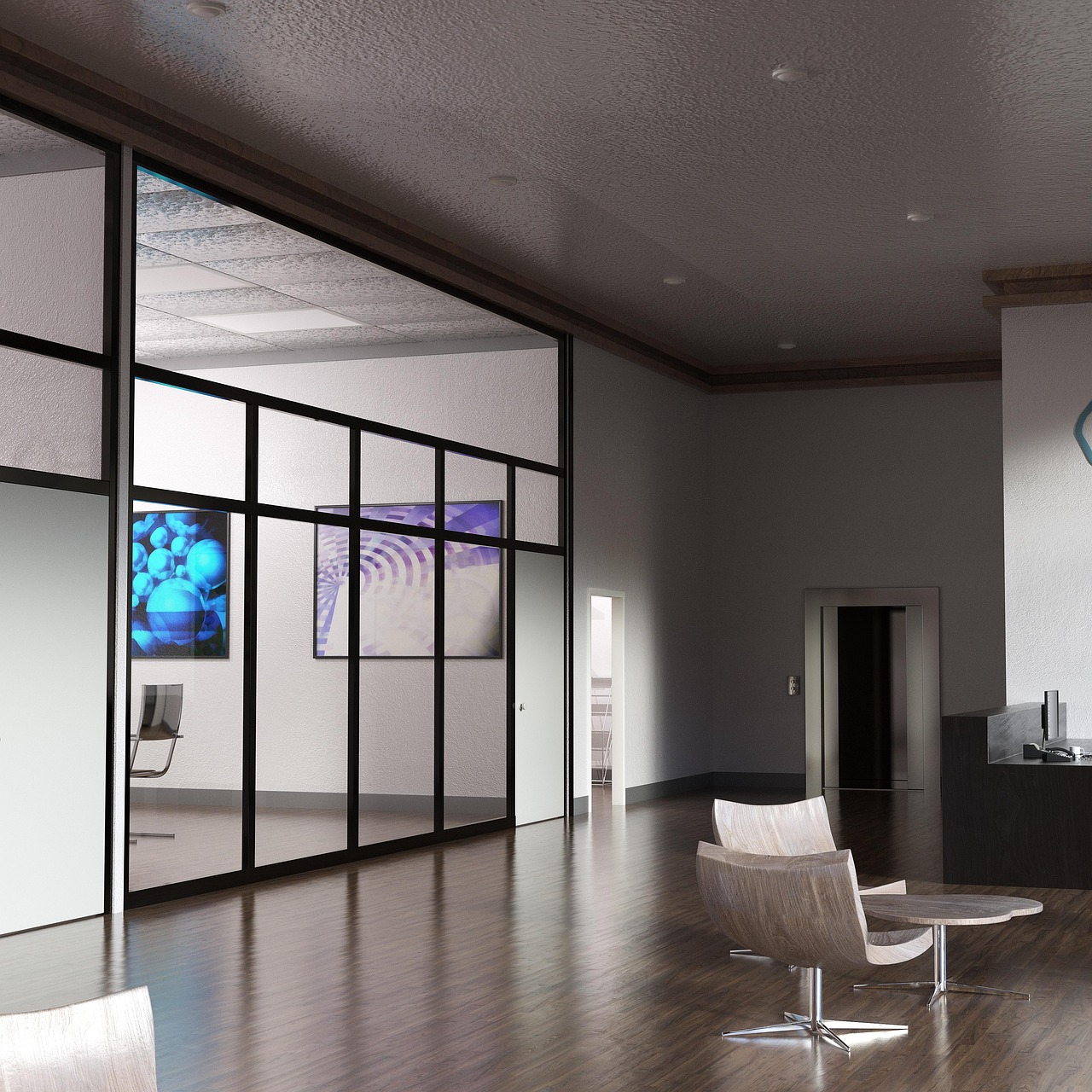 Moderne Lobby mit Glas-Meetingräumen